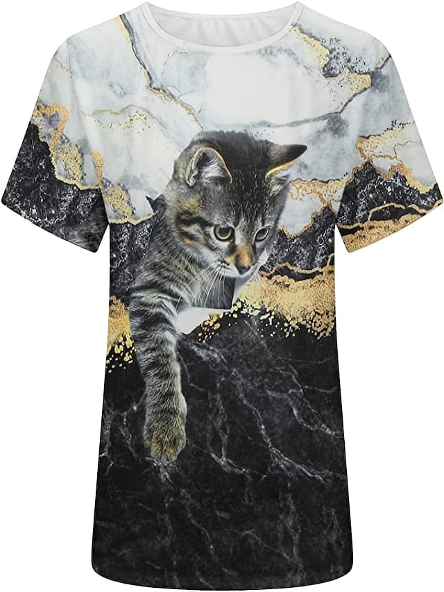 3D Cat Print Women's Graphic T-Shirt in Black White Blue