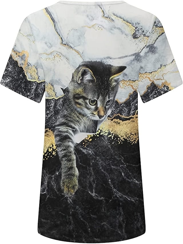 3D Cat Print Women's Graphic T-Shirt in Black White Blue
