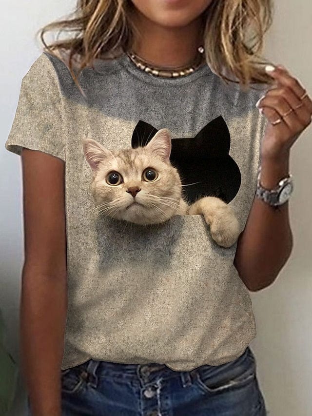 3D Cat Print Women's Graphic T-Shirt in Black White Blue