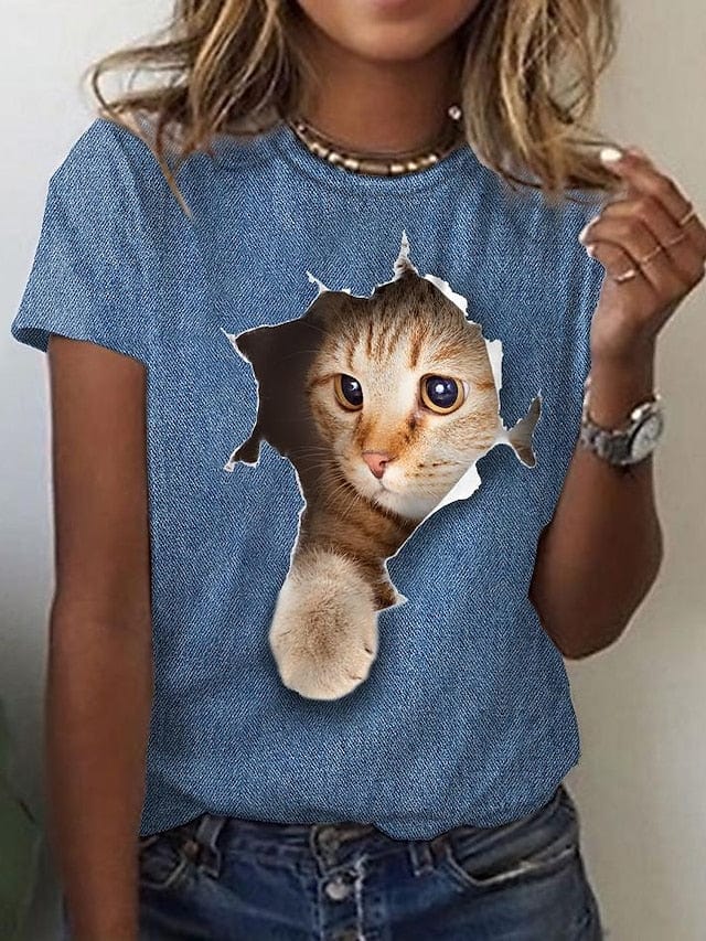 3D Cat Print Women's Graphic T-Shirt in Black White Blue