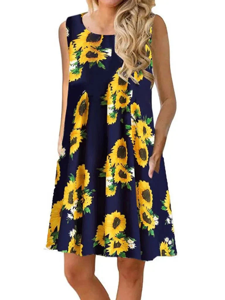 New Women Summer Dress Fashion Floral Print Sleeveless Dresses Casual Dresses Female Robe 50 Colors Vestidos Midi Sundress