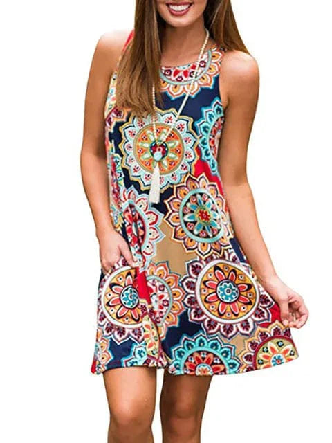 New Women Summer Dress Fashion Floral Print Sleeveless Dresses Casual Dresses Female Robe 50 Colors Vestidos Midi Sundress