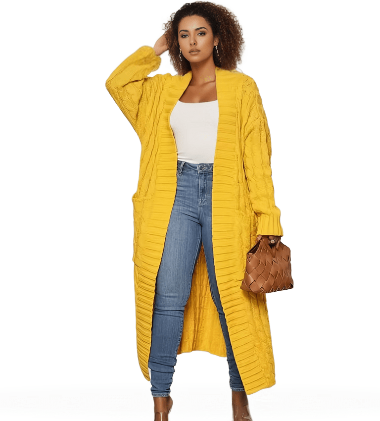 Plus Size Casual Cardigan, Women's Plus Cable Knitted Long Sleeve Open Front Medium Stretch Sweater Cardigan With Pockets