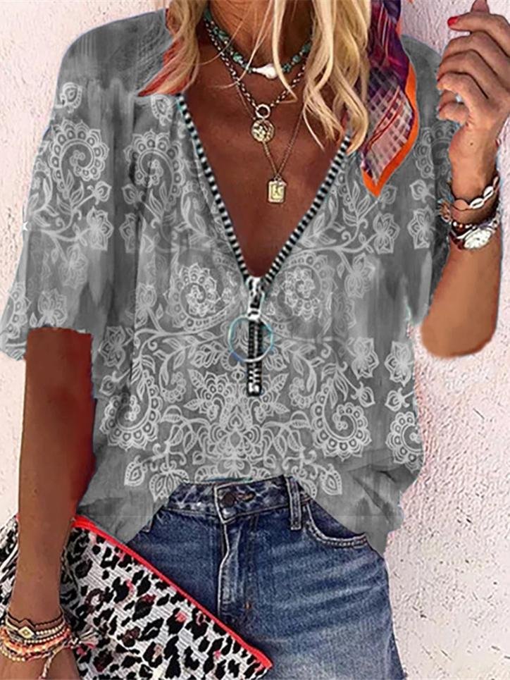 Zippered Mid-sleeve Loose Fit Printed Blouse