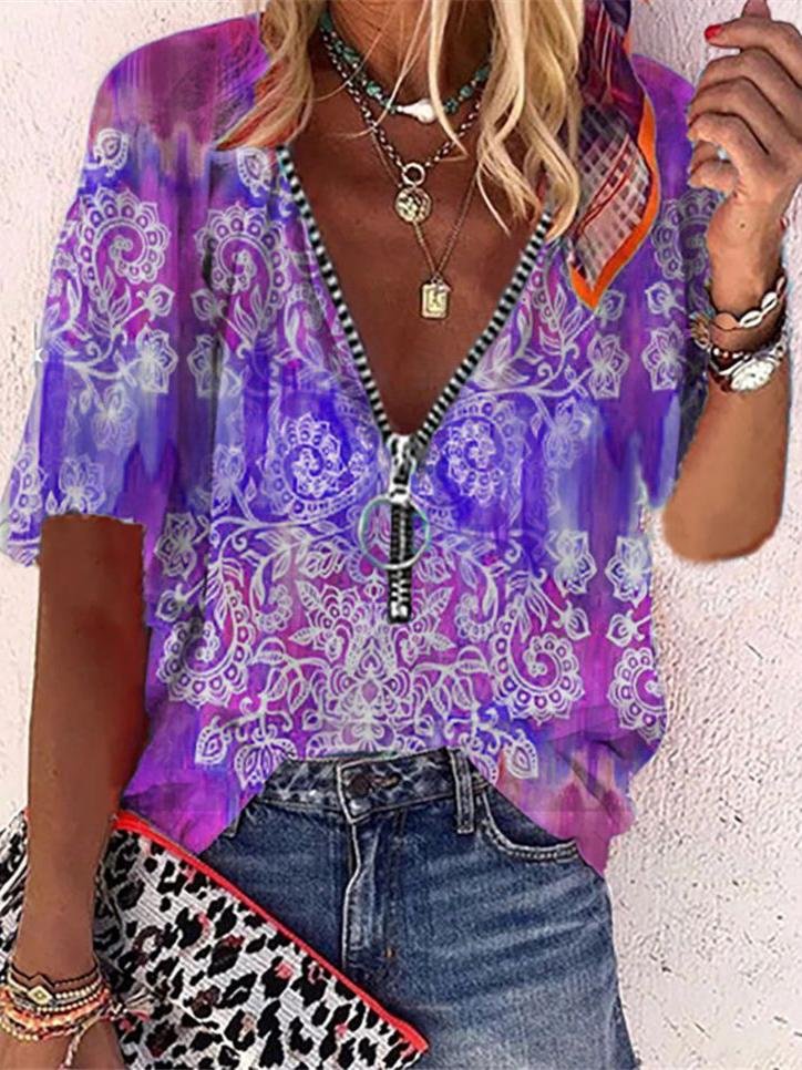 Zippered Mid-sleeve Loose Fit Printed Blouse