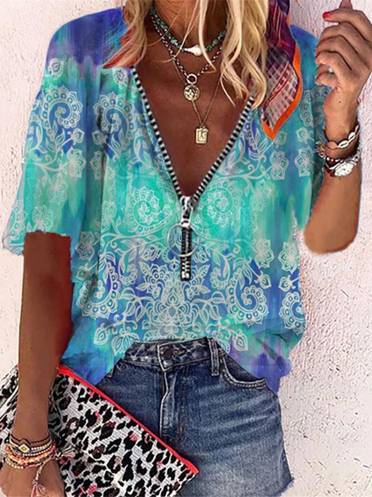 Zippered Mid-sleeve Loose Fit Printed Blouse