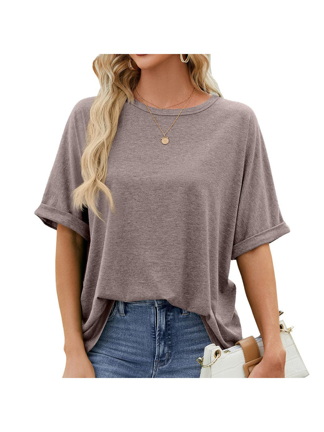 Round neck solid color short sleeve loose casual large size T-shirt