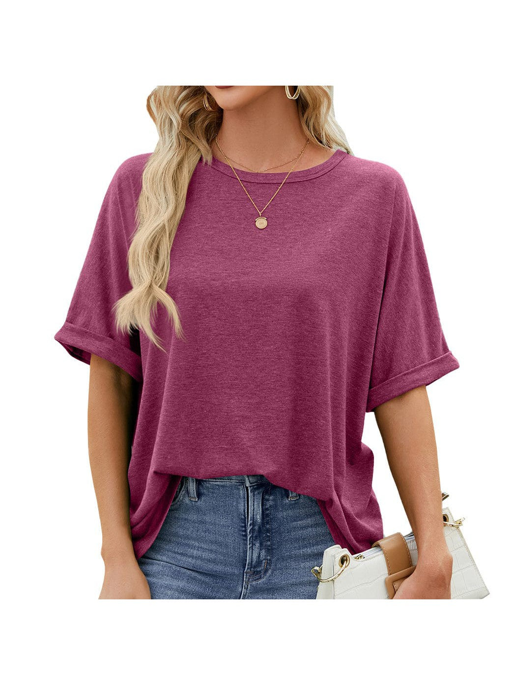 Round neck solid color short sleeve loose casual large size T-shirt