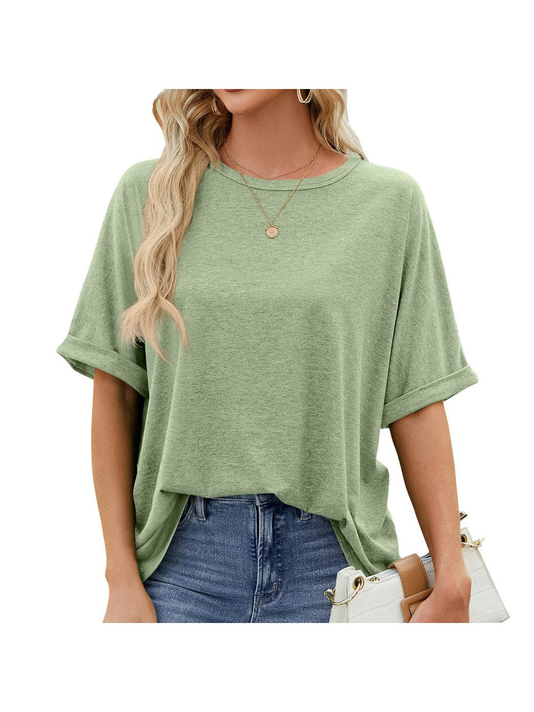 Round neck solid color short sleeve loose casual large size T-shirt