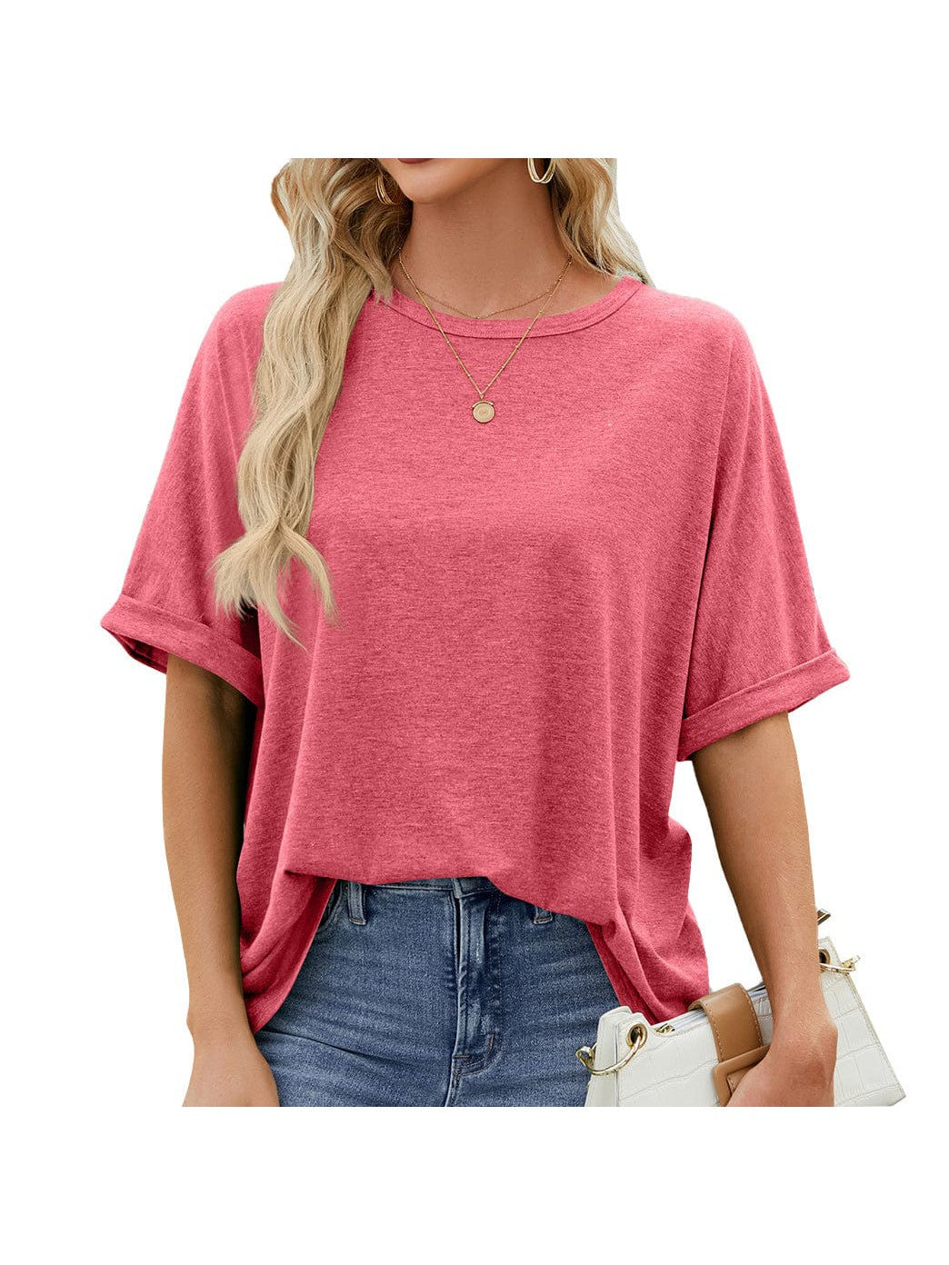 Round neck solid color short sleeve loose casual large size T-shirt