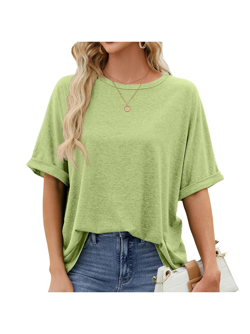 Round neck solid color short sleeve loose casual large size T-shirt