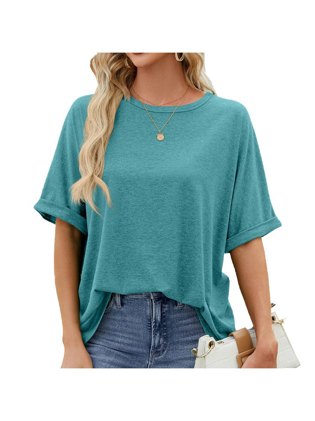 Round neck solid color short sleeve loose casual large size T-shirt