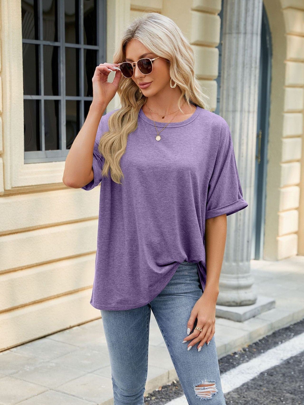 Round neck solid color short sleeve loose casual large size T-shirt
