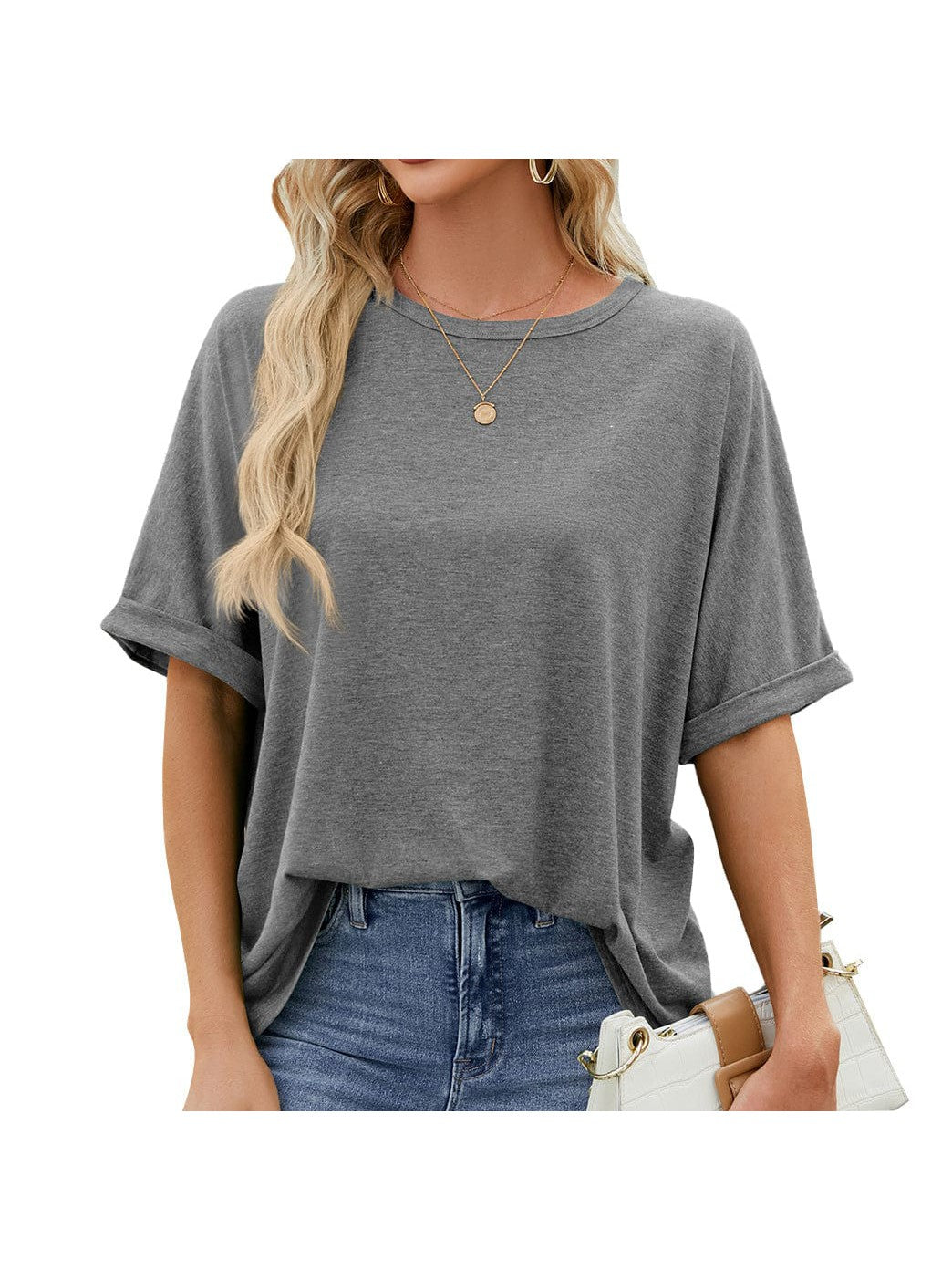 Round neck solid color short sleeve loose casual large size T-shirt