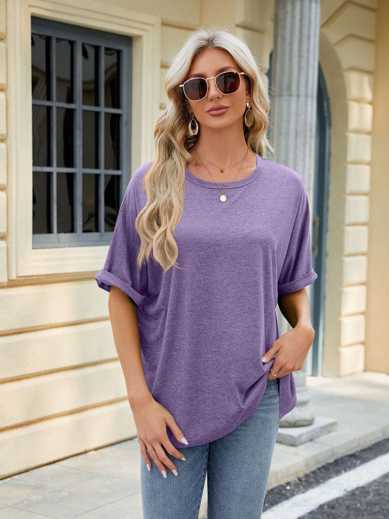 Round neck solid color short sleeve loose casual large size T-shirt