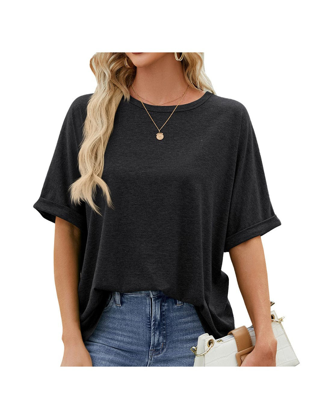 Round neck solid color short sleeve loose casual large size T-shirt