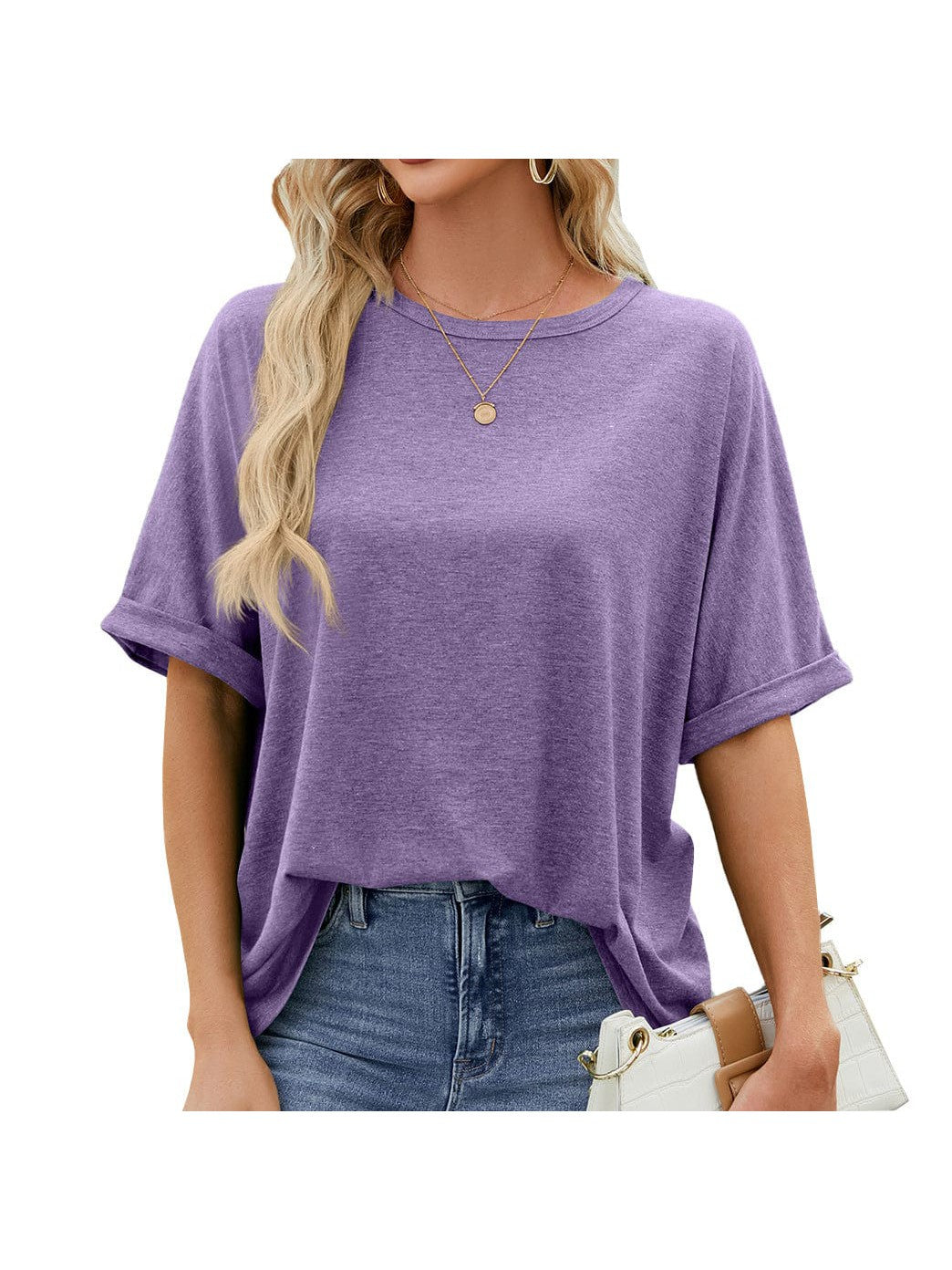 Round neck solid color short sleeve loose casual large size T-shirt