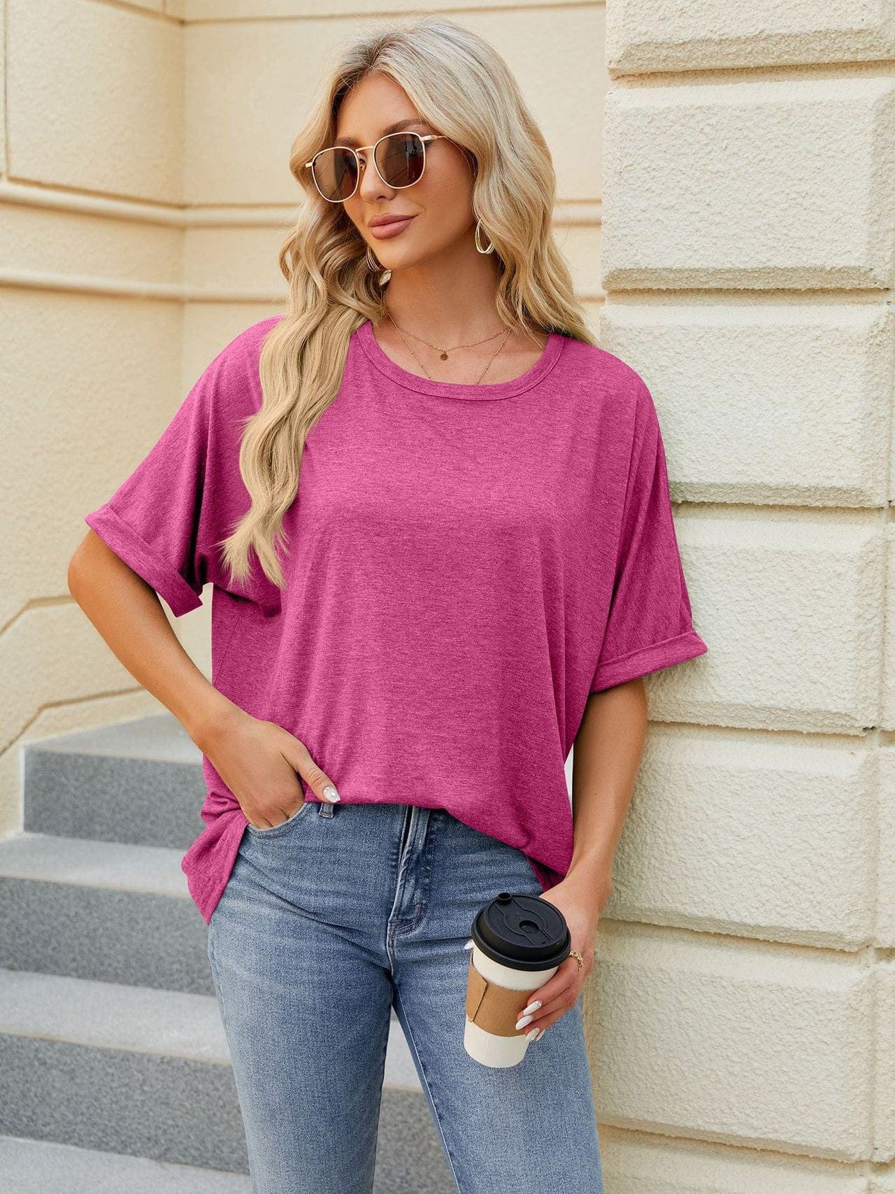 Round neck solid color short sleeve loose casual large size T-shirt