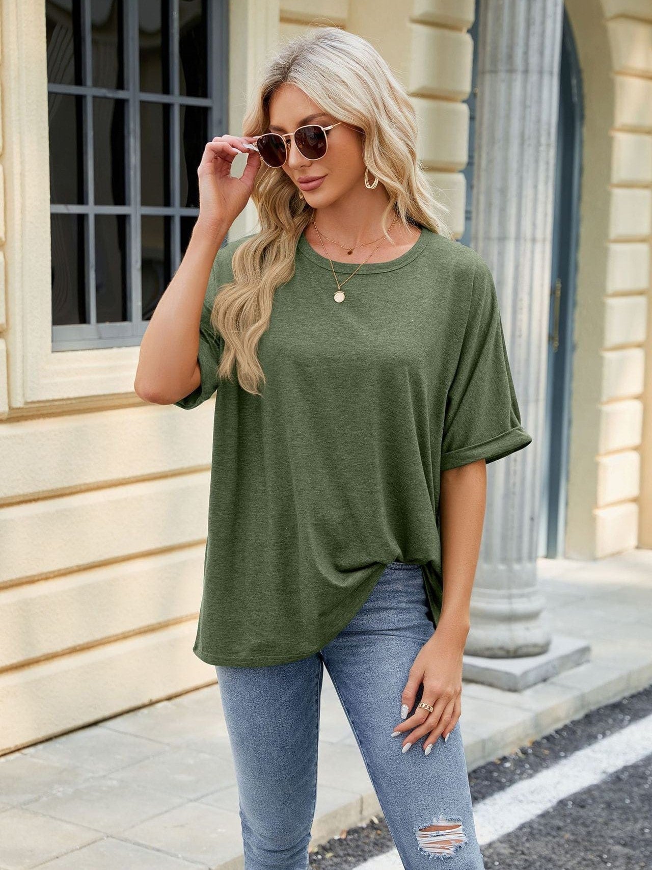Round neck solid color short sleeve loose casual large size T-shirt