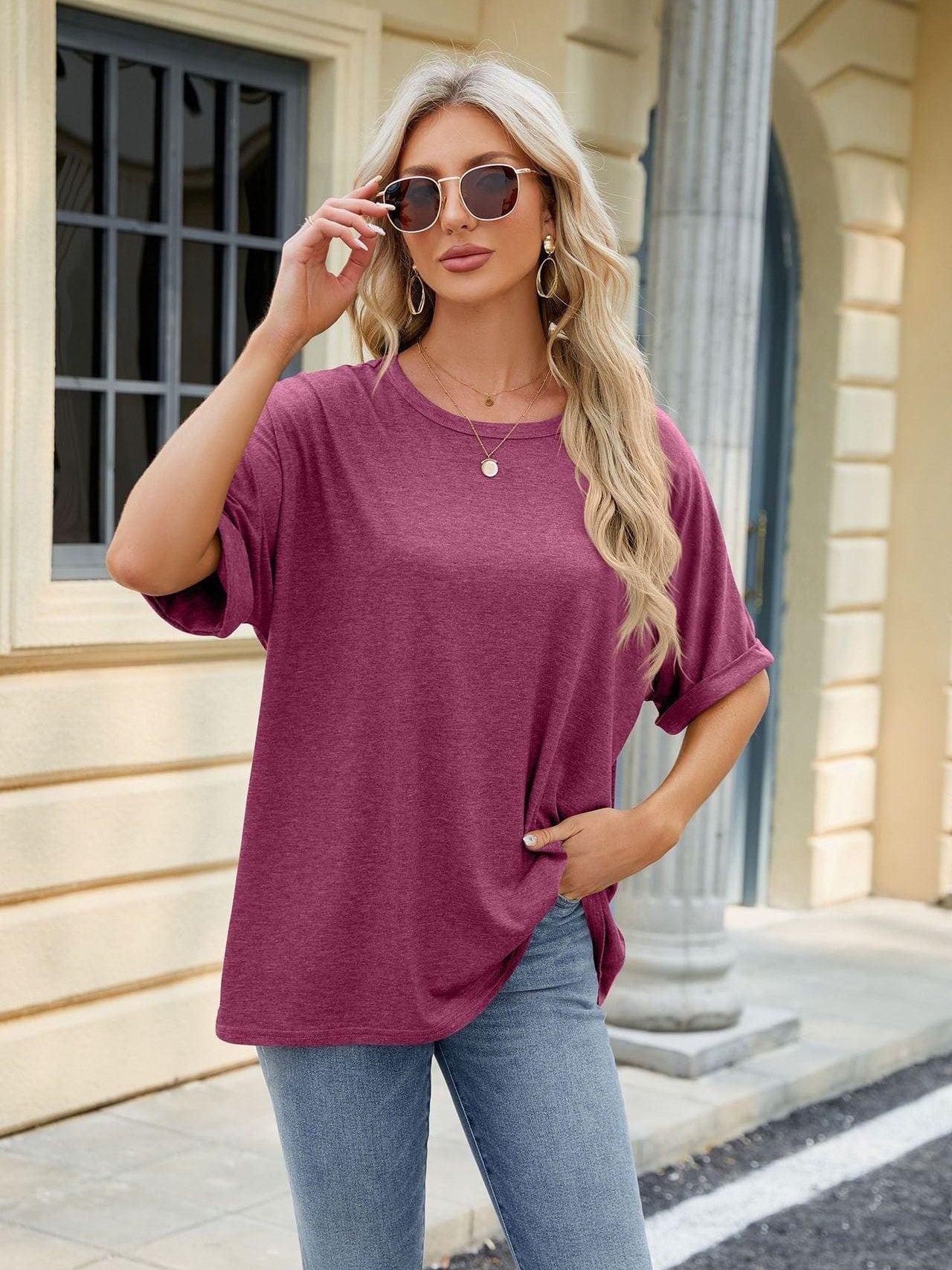 Round neck solid color short sleeve loose casual large size T-shirt