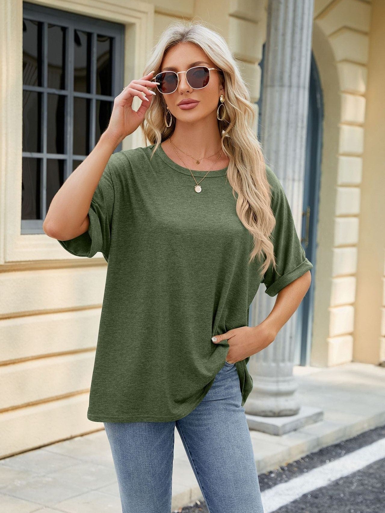 Round neck solid color short sleeve loose casual large size T-shirt