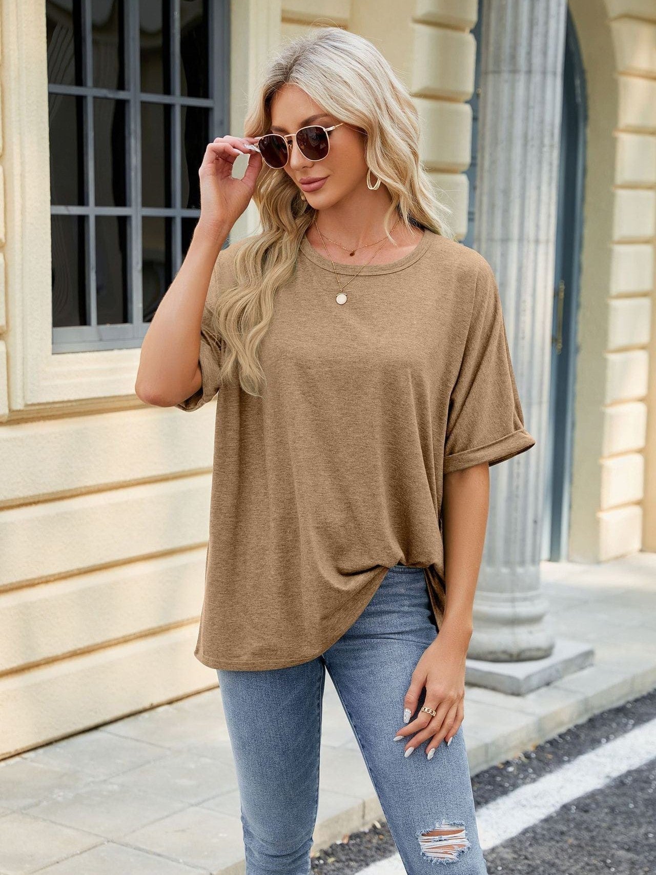 Round neck solid color short sleeve loose casual large size T-shirt