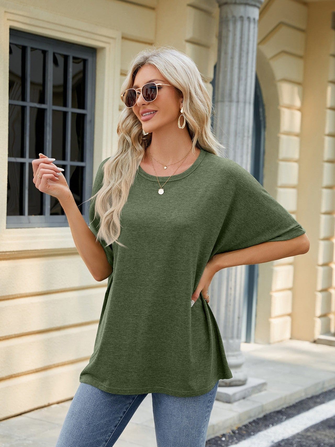 Round neck solid color short sleeve loose casual large size T-shirt
