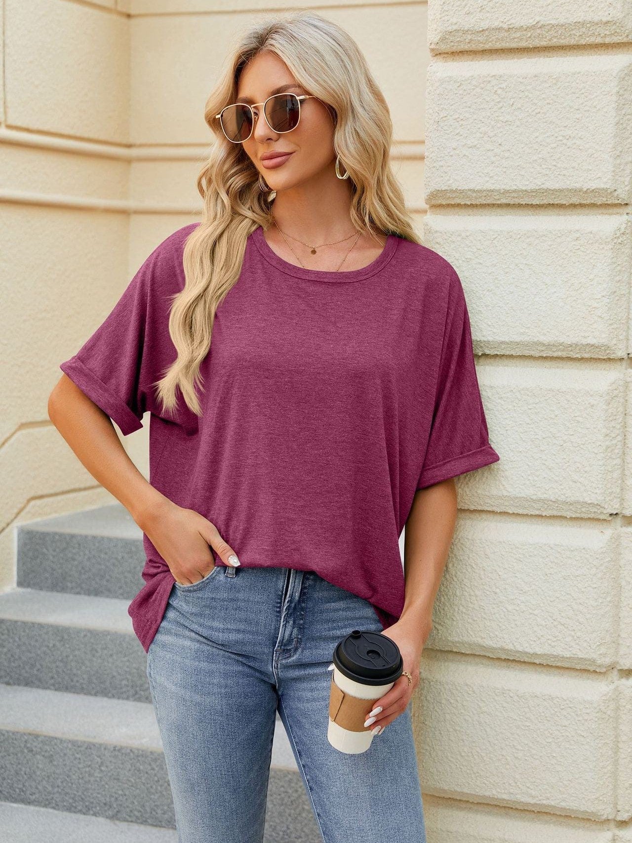 Round neck solid color short sleeve loose casual large size T-shirt