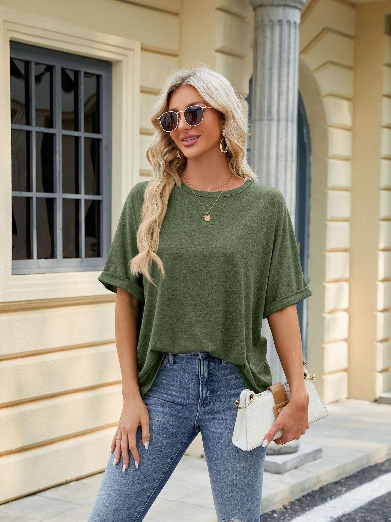 Round neck solid color short sleeve loose casual large size T-shirt