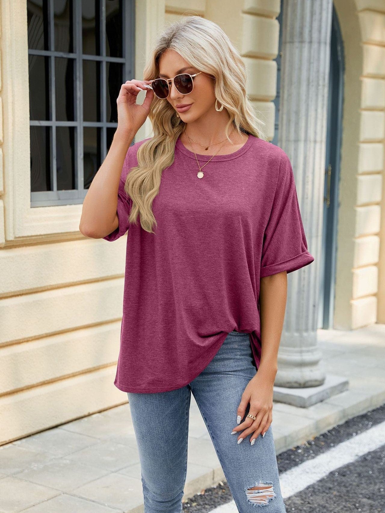 Round neck solid color short sleeve loose casual large size T-shirt