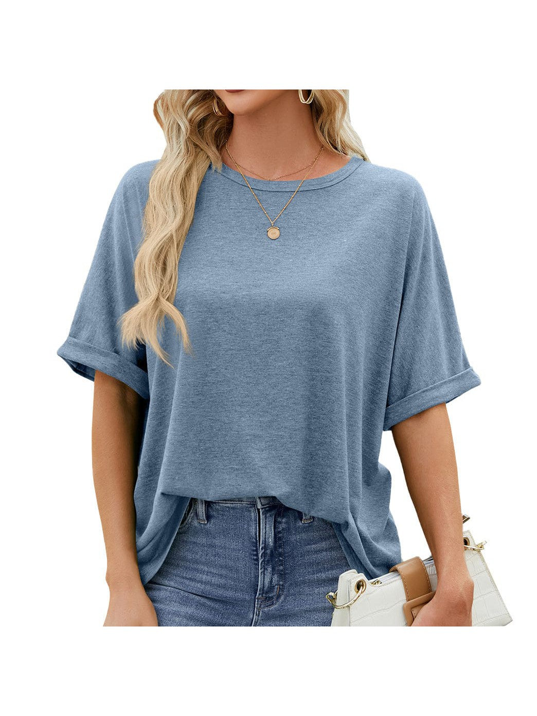 Round neck solid color short sleeve loose casual large size T-shirt