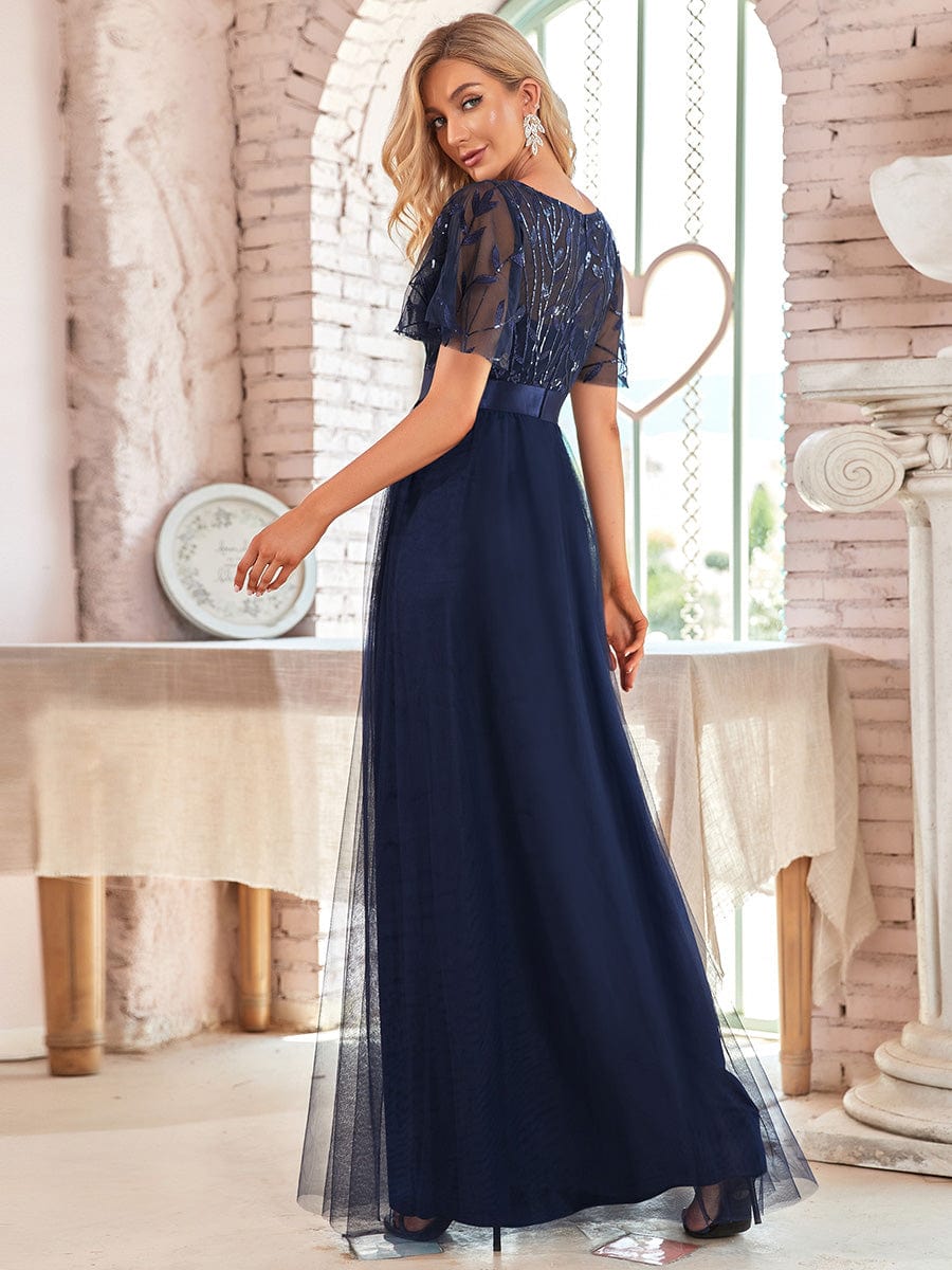 Glittering Sequin Evening Gown with Cap Sleeves and Waist Detail