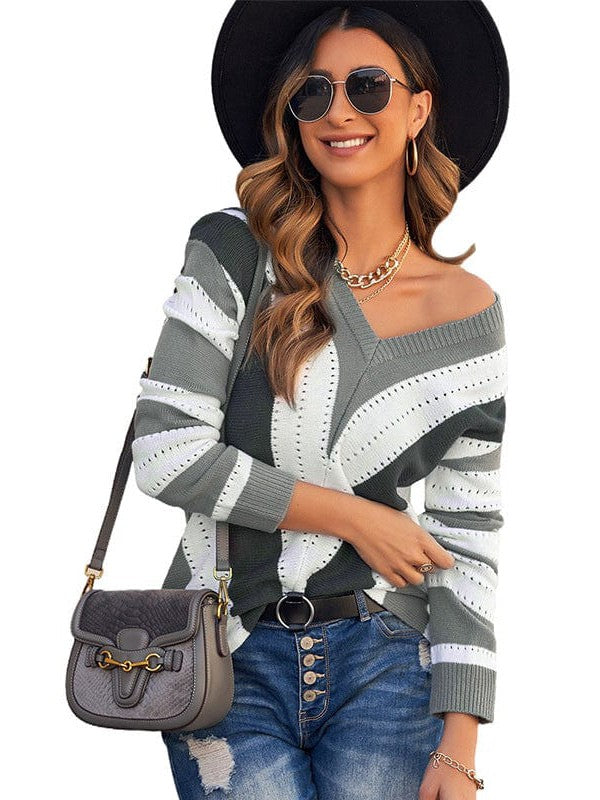 Simple Striped Knit Outerwear for Women with Long Sleeves and Contrast Bottom Detail
