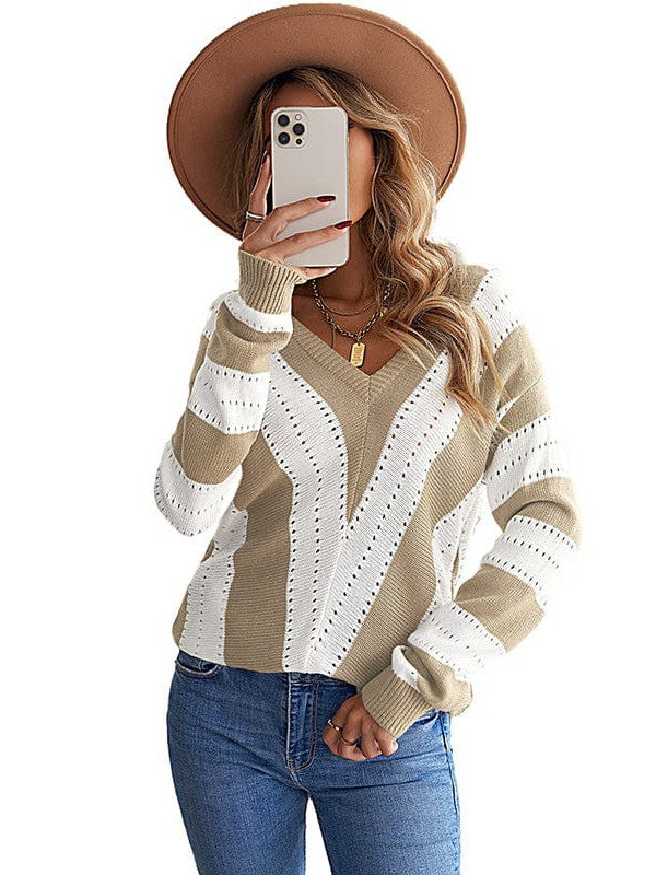 Simple Striped Knit Outerwear for Women with Long Sleeves and Contrast Bottom Detail