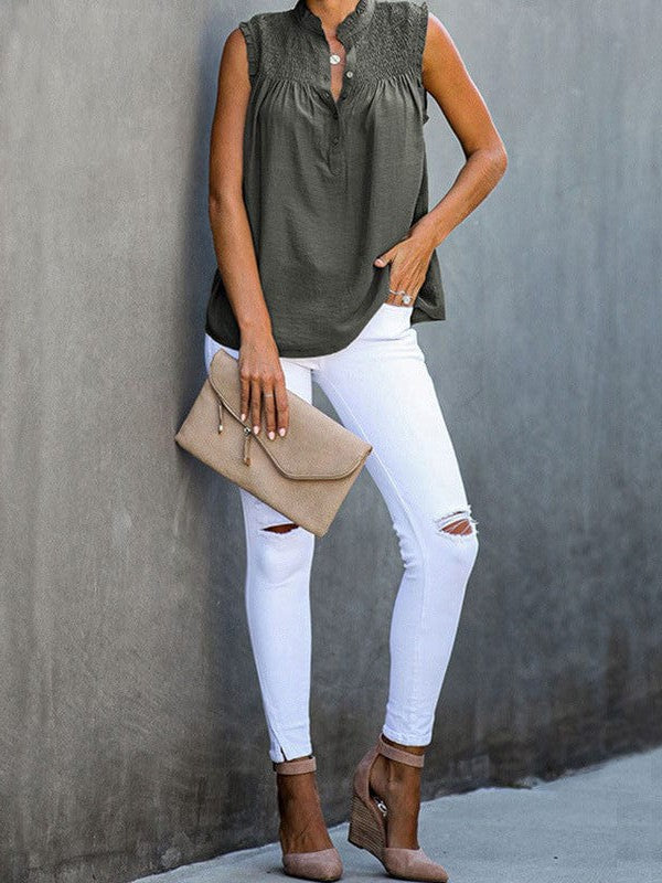 Sleeveless High Neck Ruffle Sleeve Loose Casual Top