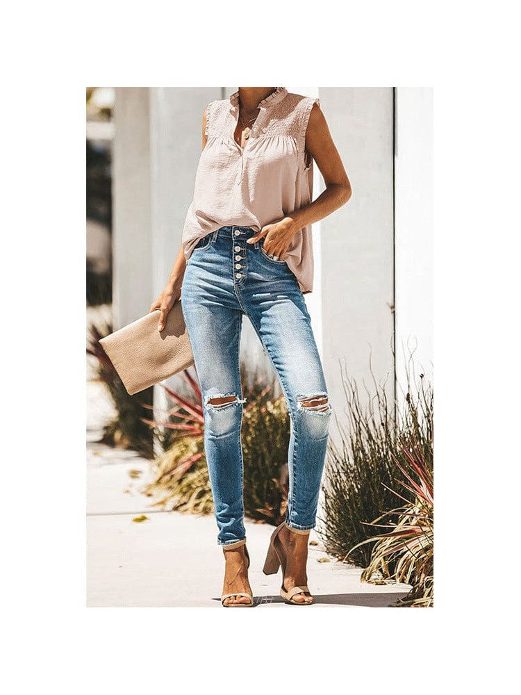 Sleeveless High Neck Ruffle Sleeve Loose Casual Top