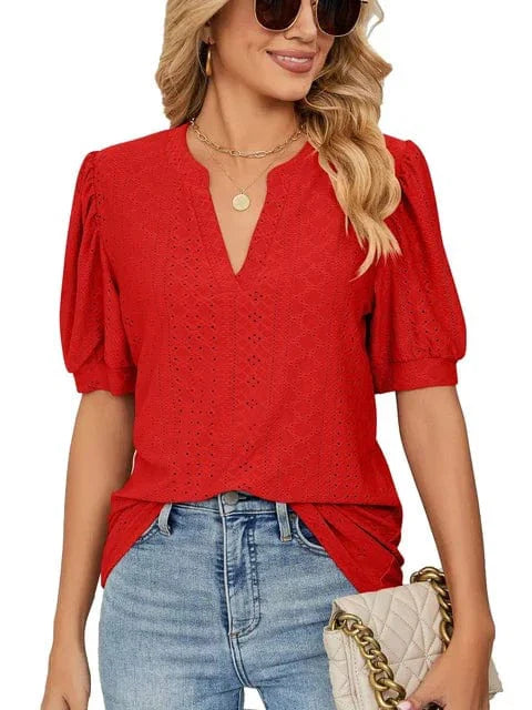 Summer New Clothing Casual Top for Women V-neck Shirts for Women Solid Color Hollow Bubble Sleeve Loose T Shirt Women Tops