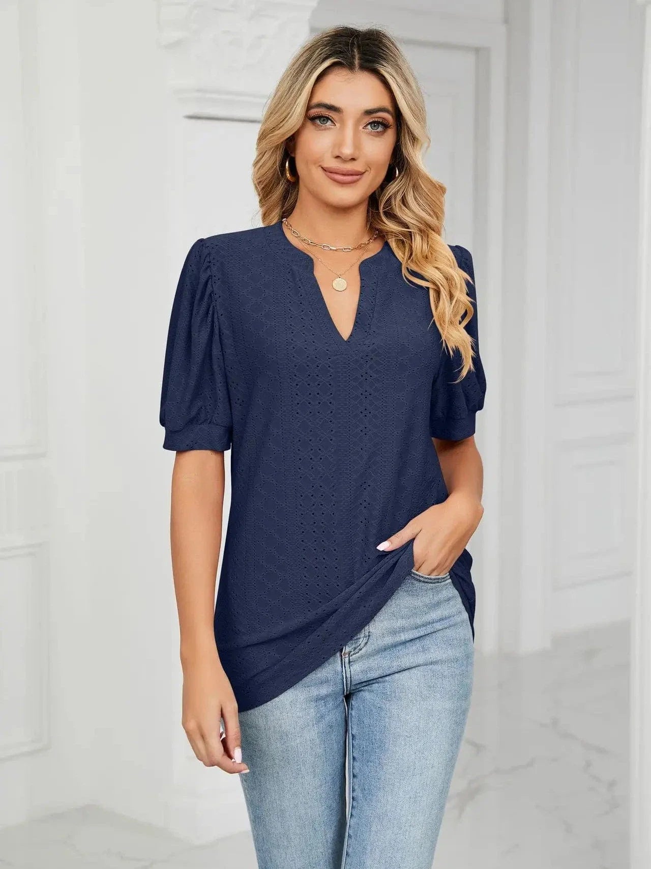 Summer New Clothing Casual Top for Women V-neck Shirts for Women Solid Color Hollow Bubble Sleeve Loose T Shirt Women Tops