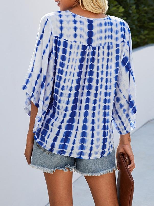V-neck Five-point Sleeve Tie Dye Printed Loose Blouse