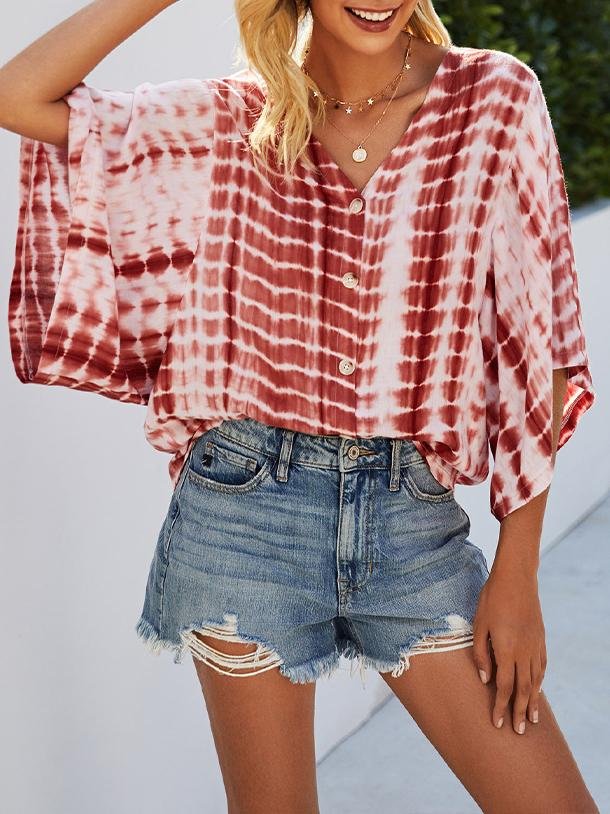 V-neck Five-point Sleeve Tie Dye Printed Loose Blouse