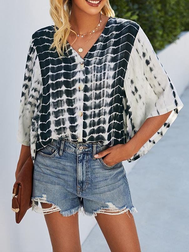V-neck Five-point Sleeve Tie Dye Printed Loose Blouse