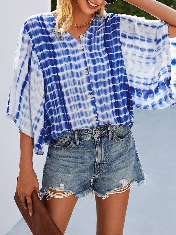 V-neck Five-point Sleeve Tie Dye Printed Loose Blouse