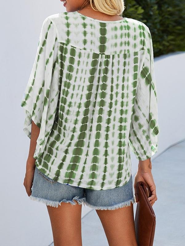 V-neck Five-point Sleeve Tie Dye Printed Loose Blouse