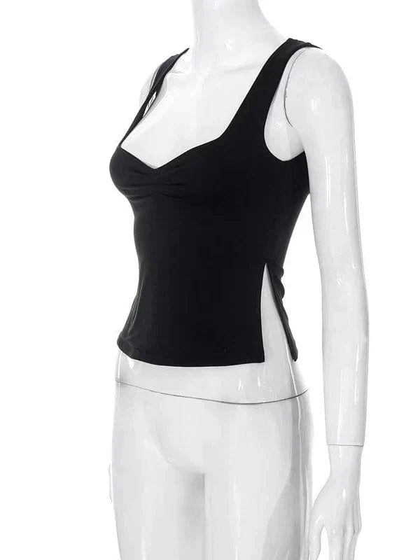 Vintage Square Neck Slit Hem Backless Cropped Tank Top