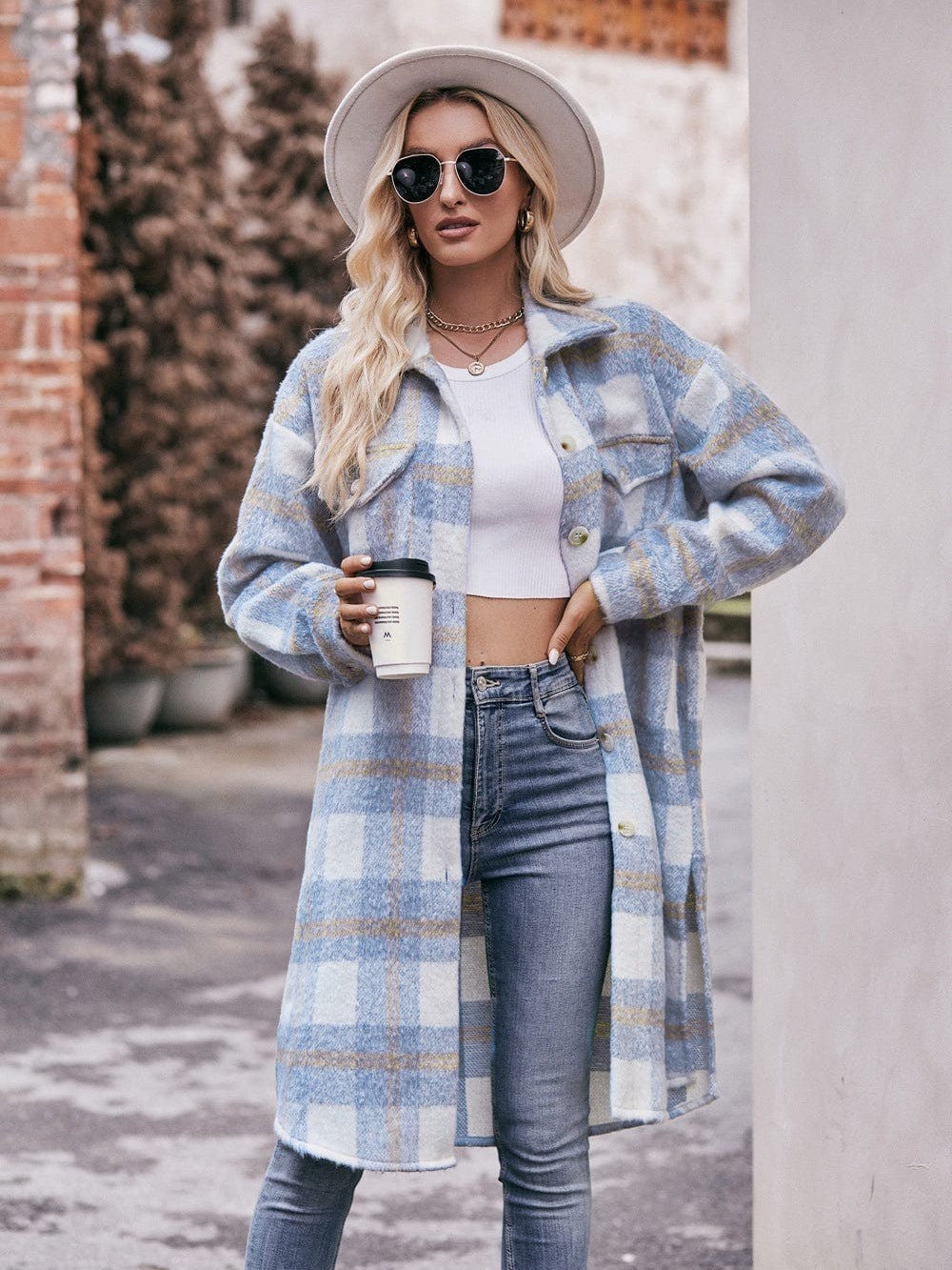 Women's long woolen coat with plaid coat
