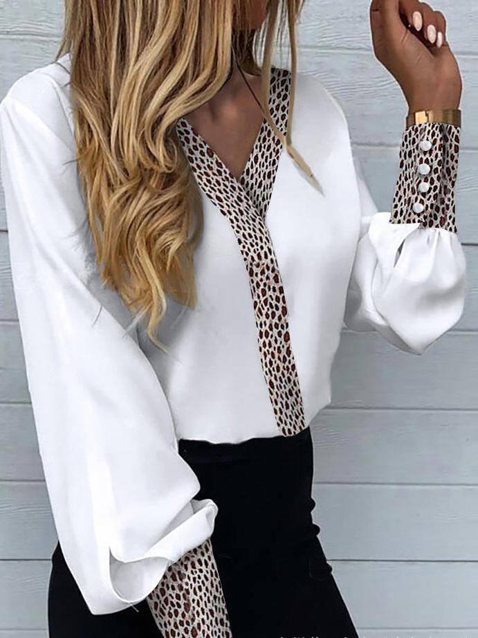 Women's Blouses Leopard Print Button Lantern Sleeve Blouses