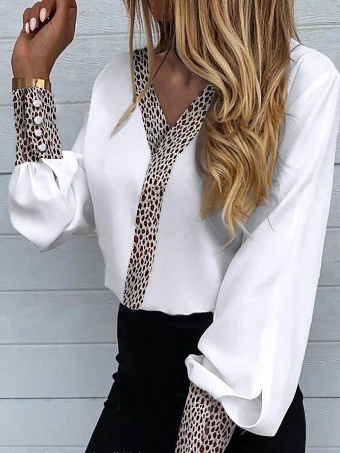 Women's Blouses Leopard Print Button Lantern Sleeve Blouses