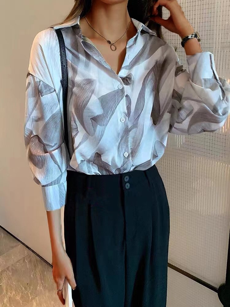 Abstract Artist Printed Long Sleeve Button-Up Top