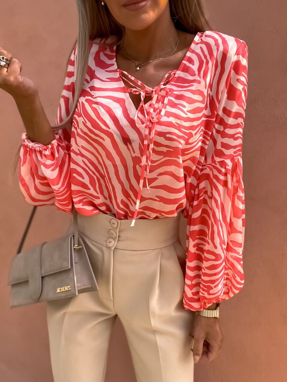 Zebra Patterned Waist-Tie Long Sleeve Top