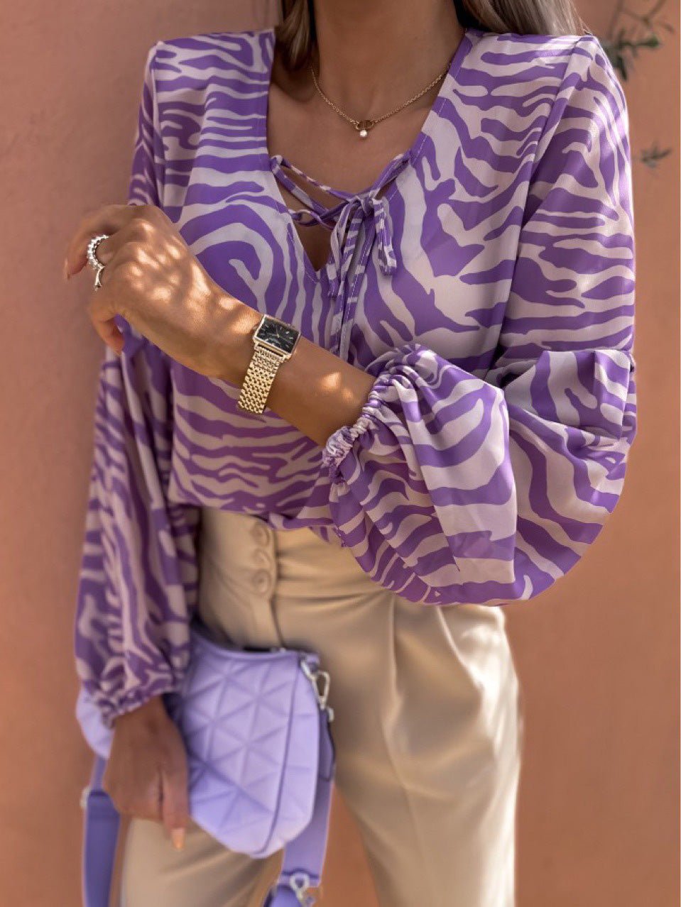 Zebra Patterned Waist-Tie Long Sleeve Top